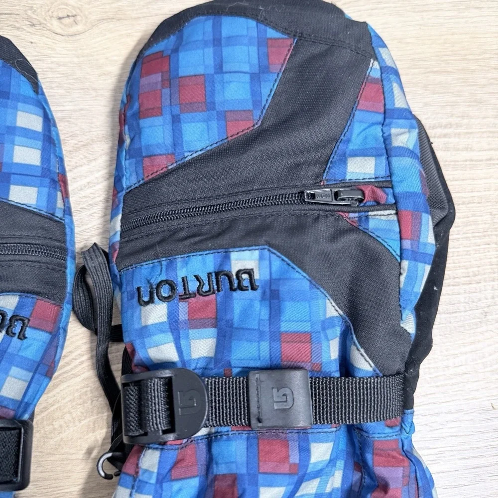 Burton Ski Mittens Size‎ L Blue Plaid Winter Snow Gloves Adjustable Strap Warmth
